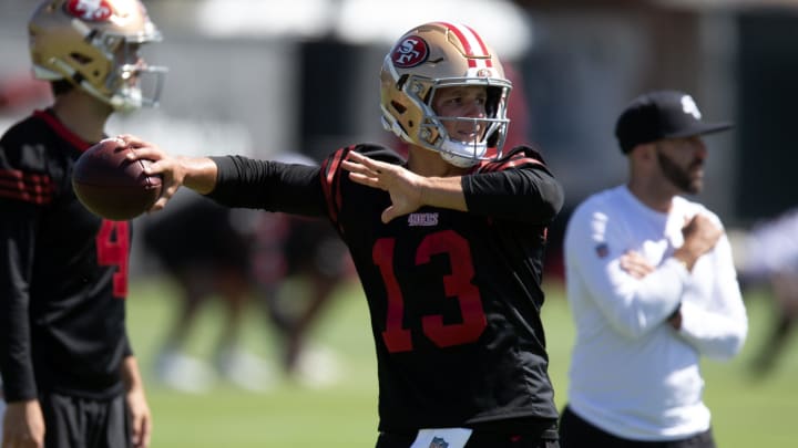 Jul 26, 2024; Santa Clara, CA, USA; San Francisco 49ers quarterback Brock Purdy (13) throws a pass during Day 4 of training camp at SAP Performance Facility. Mandatory Credit: D. Ross Cameron-USA TODAY Sports