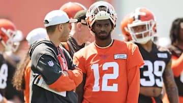 May 10, 2025; Berea, OH, USA; Cleveland Browns quarterback Shedeur Sanders (12) waits his turn for a drill during rookie minicamp at CrossCountry Mortgage Campus. Mandatory Credit: Ken Blaze-Imagn Images