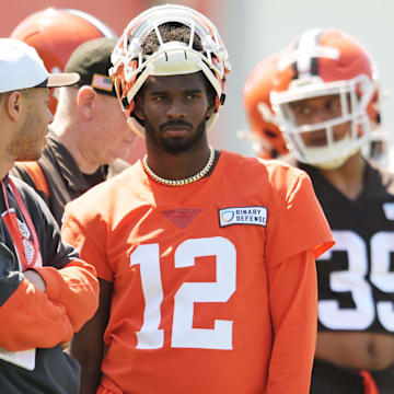 May 10, 2025; Berea, OH, USA; Cleveland Browns quarterback Shedeur Sanders (12) waits his turn for a drill during rookie minicamp at CrossCountry Mortgage Campus. Mandatory Credit: Ken Blaze-Imagn Images