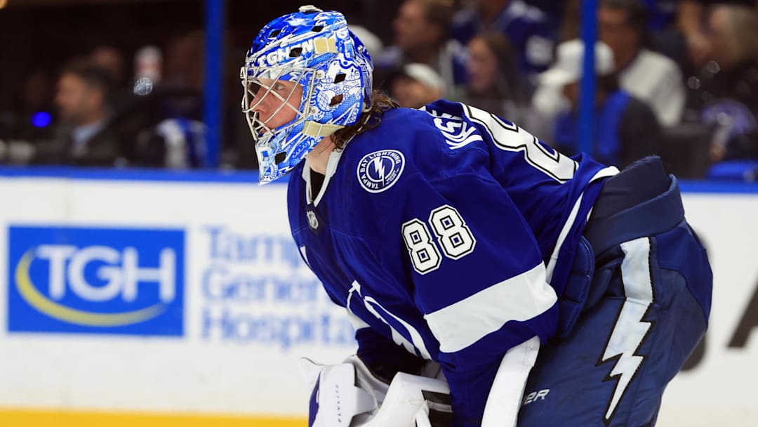 Jan 6, 2026; Tampa, Florida, USA; Tampa Bay Lightning goaltender Andrei Vasilevskiy (88) looks on against the Colorado Avalanche during the second period at Benchmark International Arena. Mandatory Credit: Kim Klement Neitzel-Imagn Images