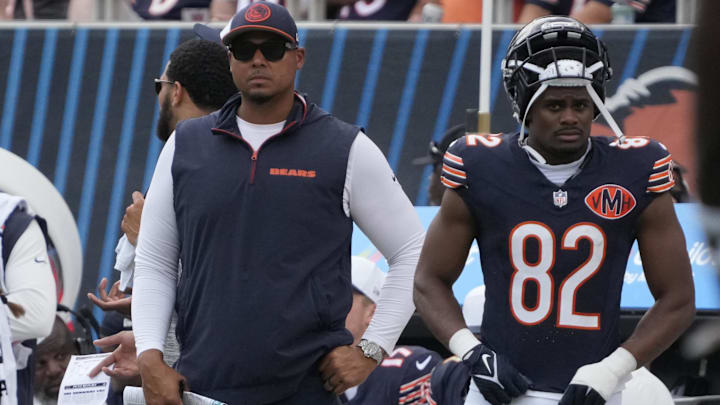 Aug 10, 2025; Chicago, Illinois, USA; Chicago Bears general manager Ryan Poles on the sidelines during the second half  against the Miami Dolphins at Soldier Field. Mandatory Credit: David Banks-Imagn Images