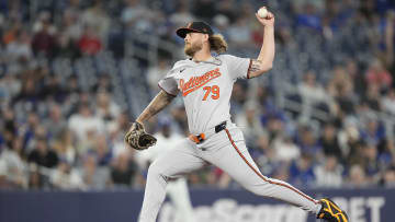 Jun 4, 2024; Toronto, Ontario, CAN;  Baltimore Orioles pitcher Nick Vespi (79) pitches to the Toronto Blue Jays during the ninth inning at Rogers Centre.