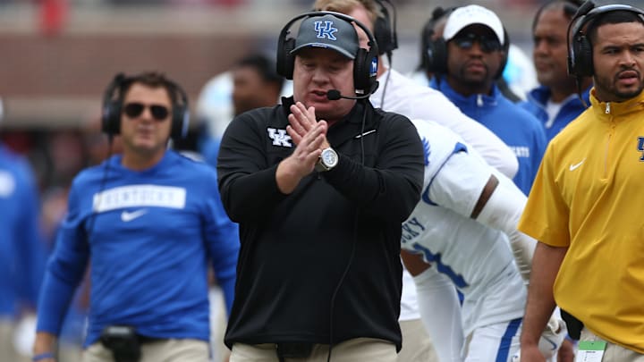 Sep 28, 2024; Oxford, Mississippi, USA; Kentucky Wildcats head coach  Mark Stoops reacts during the first half against the Mississippi Rebels at Vaught-Hemingway Stadium. Mandatory Credit: Petre Thomas-Imagn Images