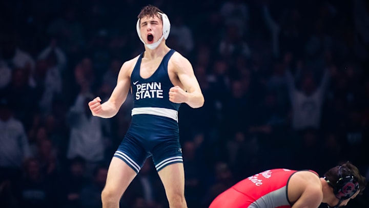 Penn State's Luke Lilledahl celebrates after defeating Ohio State's Nic Bouzakis 4-1 in sudden victory at 125 pounds during a Big Ten wrestling dual inside the Bryce Jordan Center on February, 13, 2026.
