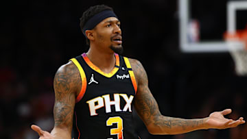 Apr 9, 2025; Phoenix, Arizona, USA; Phoenix Suns guard Bradley Beal (3) reacts against the Oklahoma City Thunderduring the first half at Footprint Center. Mandatory Credit: Mark J. Rebilas-Imagn Images