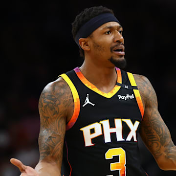 Apr 9, 2025; Phoenix, Arizona, USA; Phoenix Suns guard Bradley Beal (3) reacts against the Oklahoma City Thunderduring the first half at Footprint Center. Mandatory Credit: Mark J. Rebilas-Imagn Images