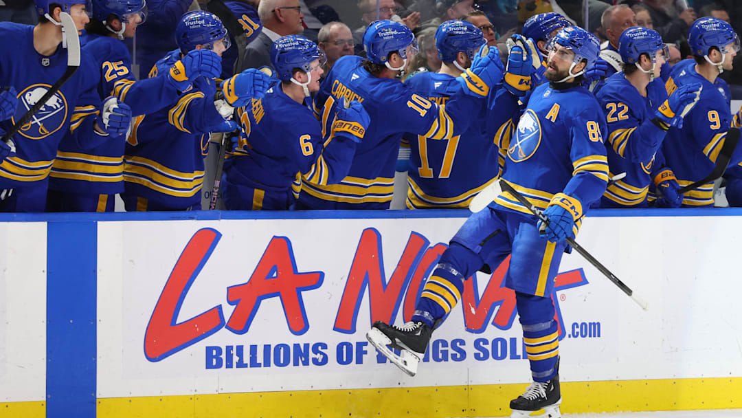 Mar 10, 2026; Buffalo, New York, USA;  Buffalo Sabres right wing Alex Tuch (89) celebrates his goal during the first period against the San Jose Sharks at KeyBank Center. Mandatory Credit: Timothy T. Ludwig-Imagn Images