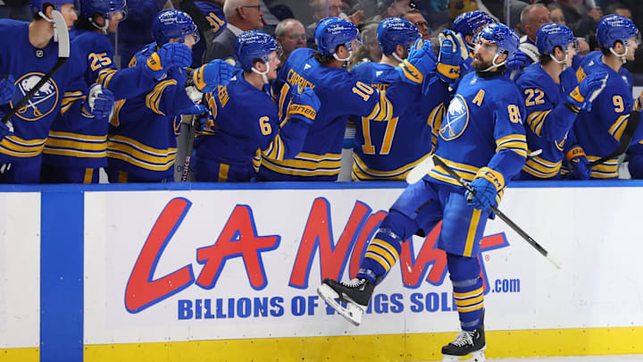 Mar 10, 2026; Buffalo, New York, USA;  Buffalo Sabres right wing Alex Tuch (89) celebrates his goal during the first period against the San Jose Sharks at KeyBank Center. Mandatory Credit: Timothy T. Ludwig-Imagn Images