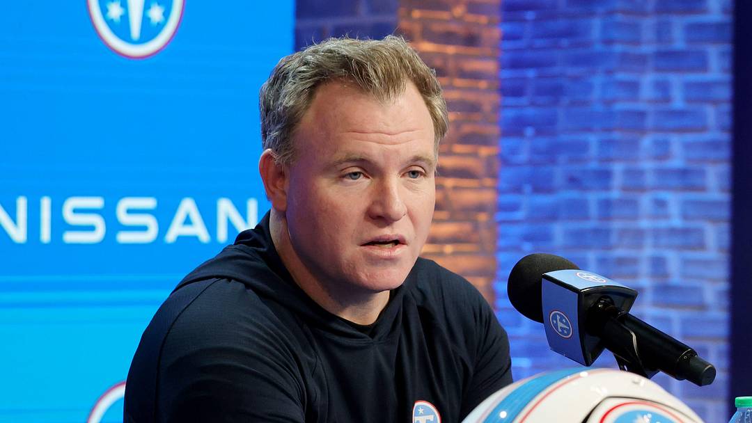 Titans general manager Mike Borgonzi speaks to members of the media during a pre NFL draft press conference held at the Titans practice facility Thursday, April 16, 2026.