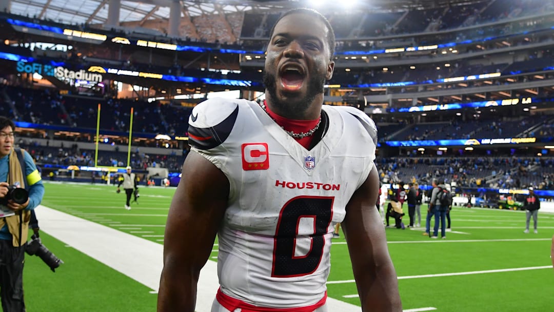Dec 27, 2025; Inglewood, California, USA;  Houston Texans linebacker Azeez al-Shaair (0) leaves the field following a game against the Los Angeles Chargers at SoFi Stadium. Mandatory Credit: Gary A. Vasquez-Imagn Images
