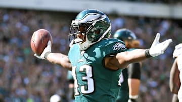 Sep 8, 2019; Philadelphia, PA, USA; Philadelphia Eagles running back Darren Sproles (43) celebrates after scoring a 2-point conversion against the Washington Redskins during the fourth quarter at Lincoln Financial Field. Mandatory Credit: Eric Hartline-Imagn Images