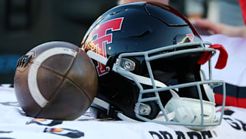 A Texas Tech Red Raiders helmet. Mandatory Credit: Michael C. Johnson-Imagn Images