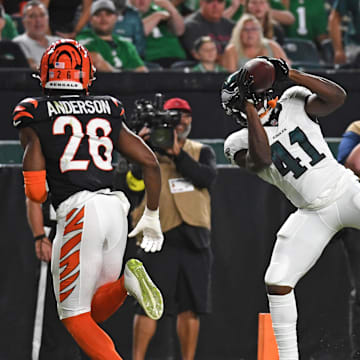 Aug 7, 2025; Philadelphia, Pennsylvania, USA; Philadelphia Eagles wide receiver Darius Cooper (41) catches a 20-yard touchdown pass against the Cincinnati Bengals during the second quarter at Lincoln Financial Field. 