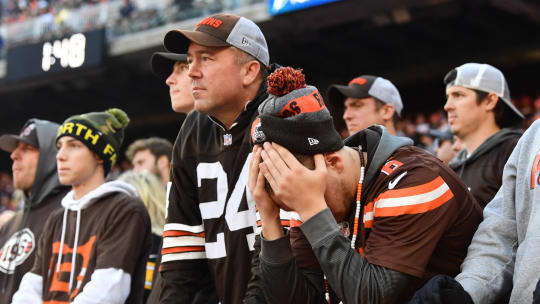 Oct 31, 2021; Cleveland, Ohio, USA; A Cleveland Browns fan reacts to the action late in the game