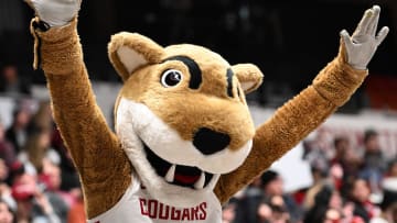 Jan 13, 2024; Pullman, Washington, USA; Washington State Cougars mascot Butch performs before a game against the Arizona Wildcats at Friel Court at Beasley Coliseum. Mandatory Credit: James Snook-USA TODAY Sports