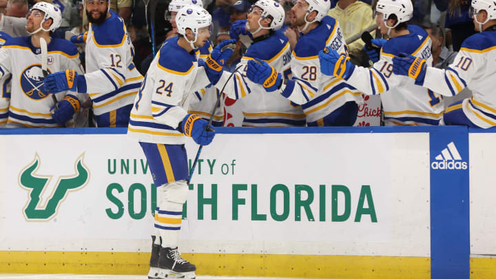 Apr 15, 2024; Tampa, Florida, USA; Buffalo Sabres center Dylan Cozens (24) is congratulated after he scored against the Tampa Bay Lightning during the first period at Amalie Arena. Mandatory Credit: Kim Klement Neitzel-USA TODAY Sports