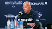 Oct 11, 2025; University Park, Pa.; Penn State head coach James Franklin answers questions from the media.