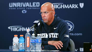 Oct 11, 2025; University Park, Pennsylvania, USA; Penn State Nittany Lions head coach James Franklin answers questions from the media following the game against the Northwestern Wildcats at Beaver Stadium. Mandatory Credit: Matthew O'Haren-Imagn Images