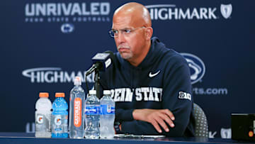 Oct 11, 2025; University Park, Pennsylvania, USA; Penn State Nittany Lions head coach James Franklin answers questions from the media following the game against the Northwestern Wildcats at Beaver Stadium. Mandatory Credit: Matthew O'Haren-Imagn Images