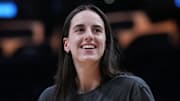 Aug 5, 2025; Los Angeles, California, USA; Indiana Fever guard Caitlin Clark (22) looks up to the fans during pregame warmups against the LA Sparks at Crypto.com Arena. Mandatory Credit: Kirby Lee-Imagn Images