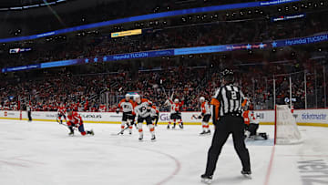 Mar 1, 2024; Washington, District of Columbia, USA; Washington Capitals left wing Alex Ovechkin (8) celebrates after scoring a goal against the Philadelphia Flyers in the second period at Capital One Arena.