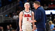 Mar 21, 2025; Milwaukee, WI, USA; Mississippi Rebels head coach Chris Beard talks to guard Sean Pedulla (3) during the second half of a first round NCAA men’s tournament game against the North Carolina Tar Heels at Fiserv Forum. Mandatory Credit: Benny Sieu-Imagn Images