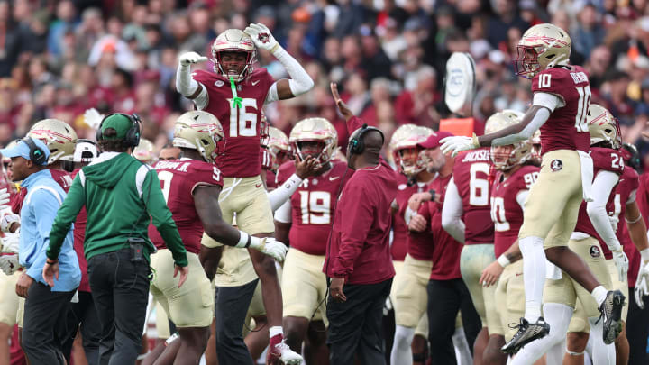 Aug 24, 2024; Dublin, IRL; Florida State University celebrate after a play against Georgia Tech at Aviva Stadium. Mandatory Credit: Tom Maher/INPHO via USA TODAY Sports