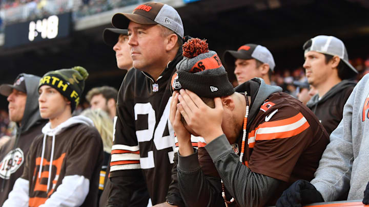 Oct 31, 2021; Cleveland, Ohio, USA; A Cleveland Browns fan reacts to the action late in the game against the Pittsburgh Steelers at FirstEnergy Stadium. Mandatory Credit: Ken Blaze-Imagn Images