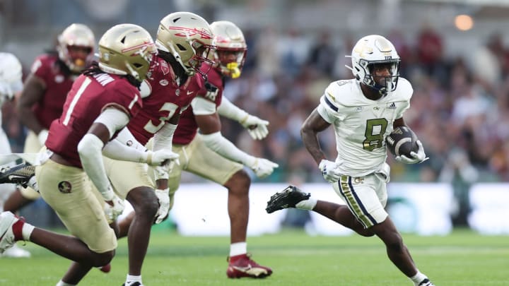 Aug 24, 2024; Dublin, IRL; Georgia Tech wide receiver Malik Rutherford runs with the ball against Florida State at Aviva Stadium. 