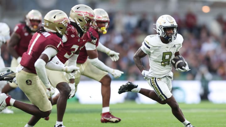 Aug 24, 2024; Dublin, IRL; Georgia Tech wide receiver Malik Rutherford runs with the ball against Florida State at Aviva Stadium. Mandatory Credit: Tom Maher/INPHO via USA TODAY Sports