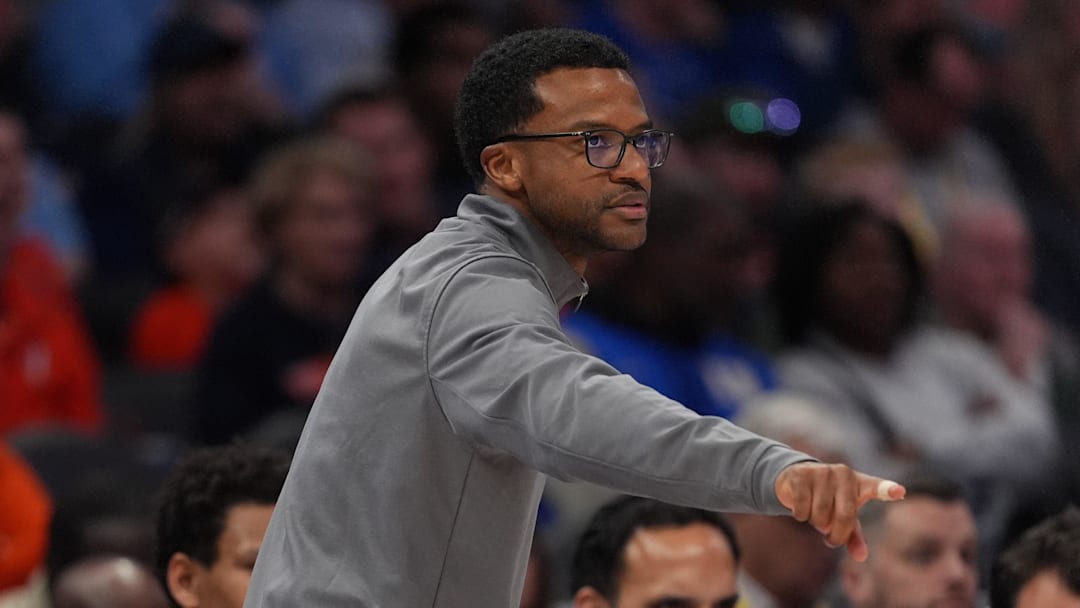 Mar 13, 2026; Charlotte, NC, USA; Miami Hurricanes head coach Jai Lucas during the second half against the Virginia Cavaliers at Spectrum Center. Mandatory Credit: Jim Dedmon-Imagn Images