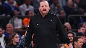 Apr 6, 2025; New York, New York, USA; New York Knicks head coach Tom Thibodeau reacts during the first half against the Phoenix Suns at Madison Square Garden. Mandatory Credit: Vincent Carchietta-Imagn Images
