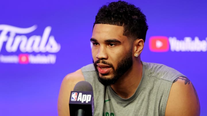 Jun 5, 2024; Boston, MA, USA;  Boston Celtics forward Jayson Tatum (0) during the NBA Finals Media Day at TD Garden. Mandatory Credit: Peter Casey-USA TODAY Sports