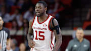 Feb 22, 2025; Norman, Oklahoma, USA; Oklahoma Sooners guard Duke Miles (15) runs down the court on a play against the Mississippi State Bulldogs during the second half at Lloyd Noble Center. Mandatory Credit: Alonzo Adams-Imagn Images