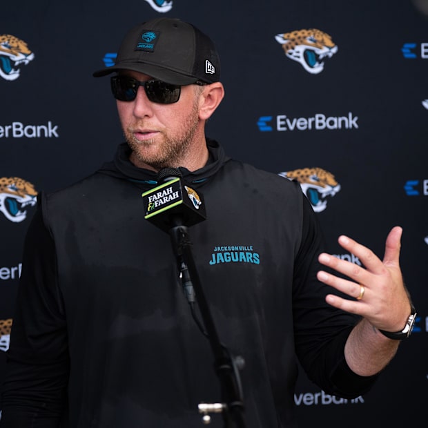 Jacksonville Jaguars head coach Liam Coen answers questions after the Jaguar’s 12th NFL training camp session at the Miller E