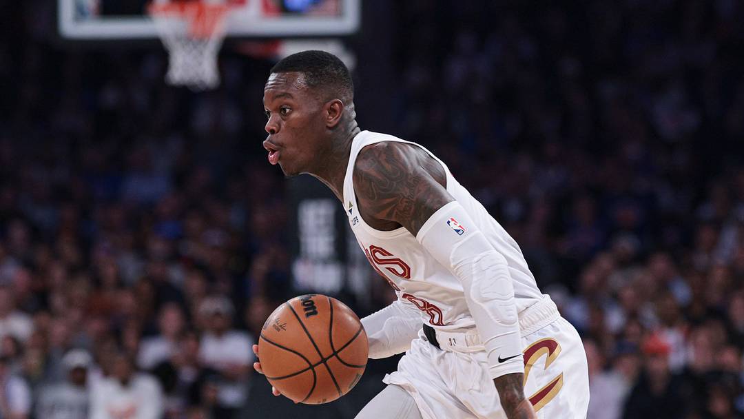 May 21, 2026; New York, New York, USA; Cleveland Cavaliers guard Dennis Schroder (8) dribbles against the New York Knicks during the second quarter of the eastern conference finals of the 2026 NBA playoffs at Madison Square Garden. Mandatory Credit: Vincent Carchietta-Imagn Images