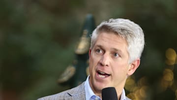 Dec 10, 2024; Dallas, TX, USA; Baltimore Orioles executive vice president and general manager Mike Elias talks on the set of MLB Network at the Hilton Anatole during the 2024 MLB Winter Meetings. Mandatory Credit: Tim Heitman-Imagn Images