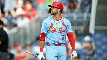 Jul 6, 2024; Washington, District of Columbia, USA; St. Louis Cardinals outfielder Dylan Carlson (3) reacts to a strikeout during the seventh inning against the Washington Nationals at Nationals Park. Mandatory Credit: Daniel Kucin Jr.-USA TODAY Sports