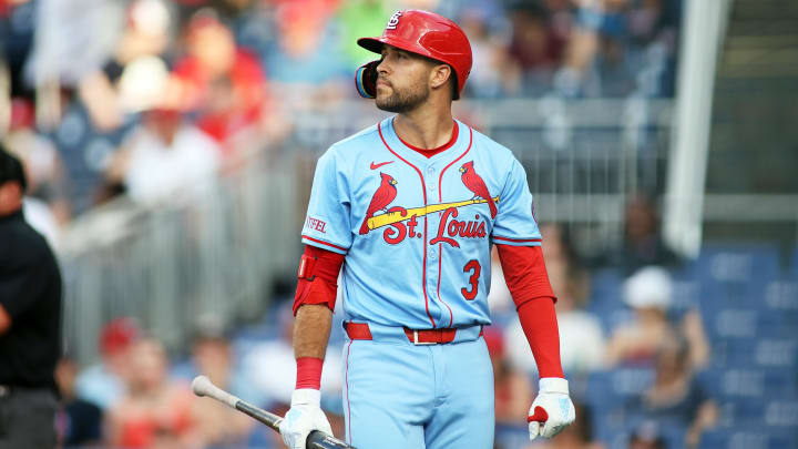 Jul 6, 2024; Washington, District of Columbia, USA; St. Louis Cardinals outfielder Dylan Carlson (3) reacts to a strikeout during the seventh inning against the Washington Nationals at Nationals Park. Mandatory Credit: Daniel Kucin Jr.-USA TODAY Sports