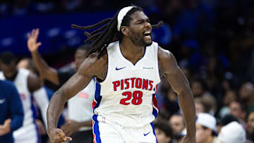 Oct 30, 2024; Philadelphia, Pennsylvania, USA; Detroit Pistons center Isaiah Stewart (28) reacts after a forward Tim Hardaway Jr. (not pictured) score against the Philadelphia 76ers during the fourth quarter at Wells Fargo Center. Mandatory Credit: Bill Streicher-Imagn Images