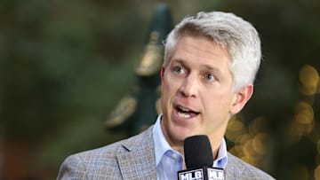 Dec 10, 2024; Dallas, TX, USA; Baltimore Orioles executive vice president and general manager Mike Elias talks on the set of MLB Network at the Hilton Anatole during the 2024 MLB Winter Meetings. Mandatory Credit: Tim Heitman-Imagn Images