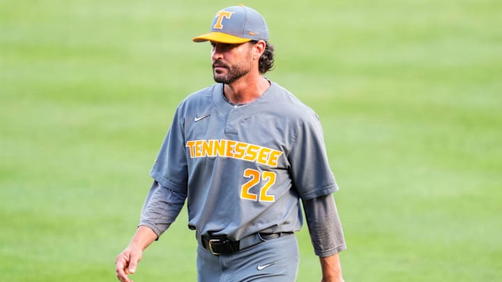 Tennessee head coach Tony Vitello during game one of the NCAA baseball tournament Fayetteville Super Regional between Tennessee and Arkansas held at Baum-Walker Stadium on Saturday, June 7, 2025. Tennessee head coach Tony Vitello during game one of the NCAA baseball tournament Fayetteville Super Regional between Tennessee and Arkansas held at Baum-Walker Stadium on Saturday, June 7, 2025.