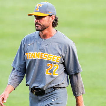 Tennessee head coach Tony Vitello during game one of the NCAA baseball tournament Fayetteville Super Regional between Tennessee and Arkansas held at Baum-Walker Stadium on Saturday, June 7, 2025.