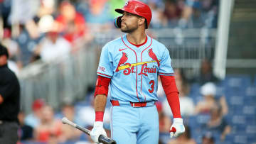 Jul 6, 2024; Washington, District of Columbia, USA; St. Louis Cardinals outfielder Dylan Carlson (3) reacts to a strikeout during the seventh inning against the Washington Nationals at Nationals Park. Mandatory Credit: Daniel Kucin Jr.-USA TODAY Sports