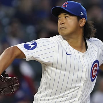 Sep 16, 2024; Chicago, Illinois, USA; Chicago Cubs pitcher Shota Imanaga (18) throws the ball against the Oakland Athletics during the first inning at Wrigley Field.