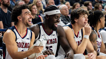 Gonzaga Bulldogs Braeden Smith (left), Graham Ike (middle) and Braden Huff (right).