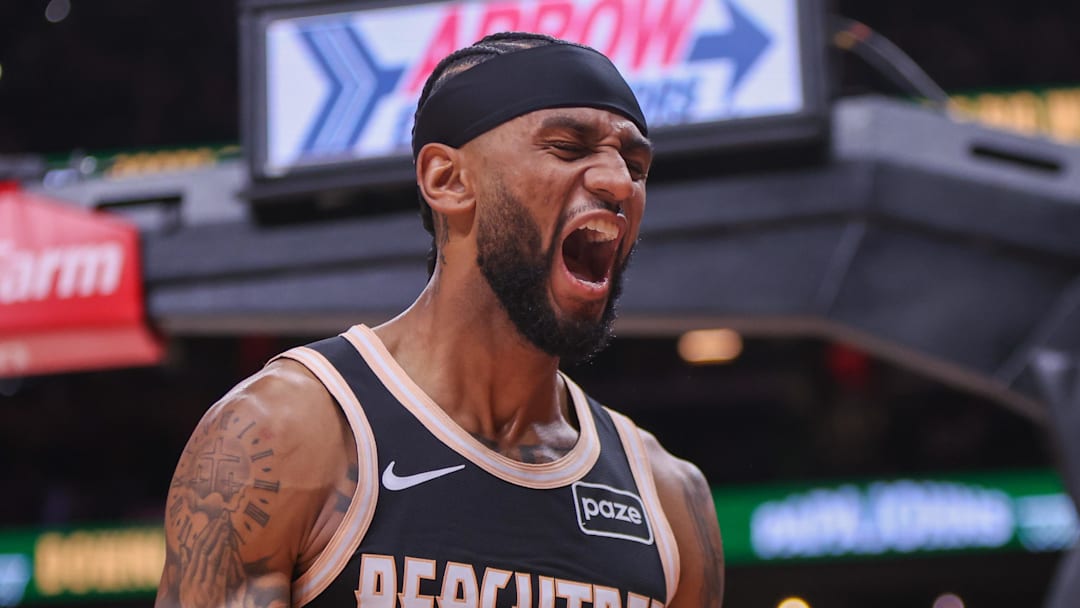 Nickeil Alexander-Walker reacts after a basket against the Detroit Pistons in the fourth quarter at State Farm Arena. Nickeil Alexander-Walker reacts after a basket against the Detroit Pistons in the fourth quarter at State Farm Arena.