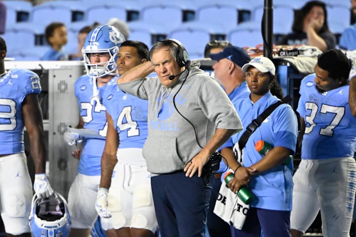 North Carolina Tar Heels head coach Bill Belichick on the sidelines in the fourth quarter at Kenan Stadium. 
