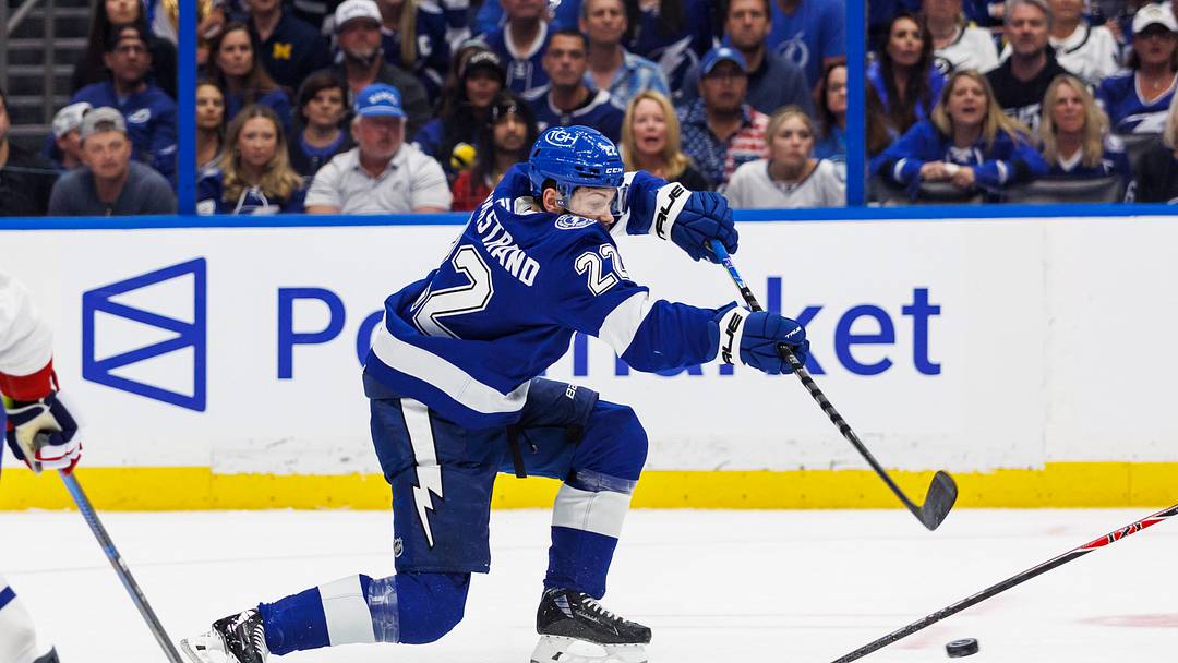 May 3, 2026; Tampa, Florida, USA; Tampa Bay Lightning forward Oliver Bjorkstrand (22) shoots against the Montreal Canadiens during the third period in game seven of the first round of the 2026 Stanley Cup Playoffs at Benchmark International Arena. Mandatory Credit: Morgan Tencza-Imagn Images