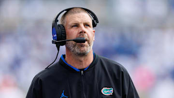 Sep 30, 2023; Lexington, Kentucky, USA; Florida Gators head coach Billy Napier looks on during the fourth quarter against the Kentucky Wildcats at Kroger Field. Mandatory Credit: Jordan Prather-Imagn Images